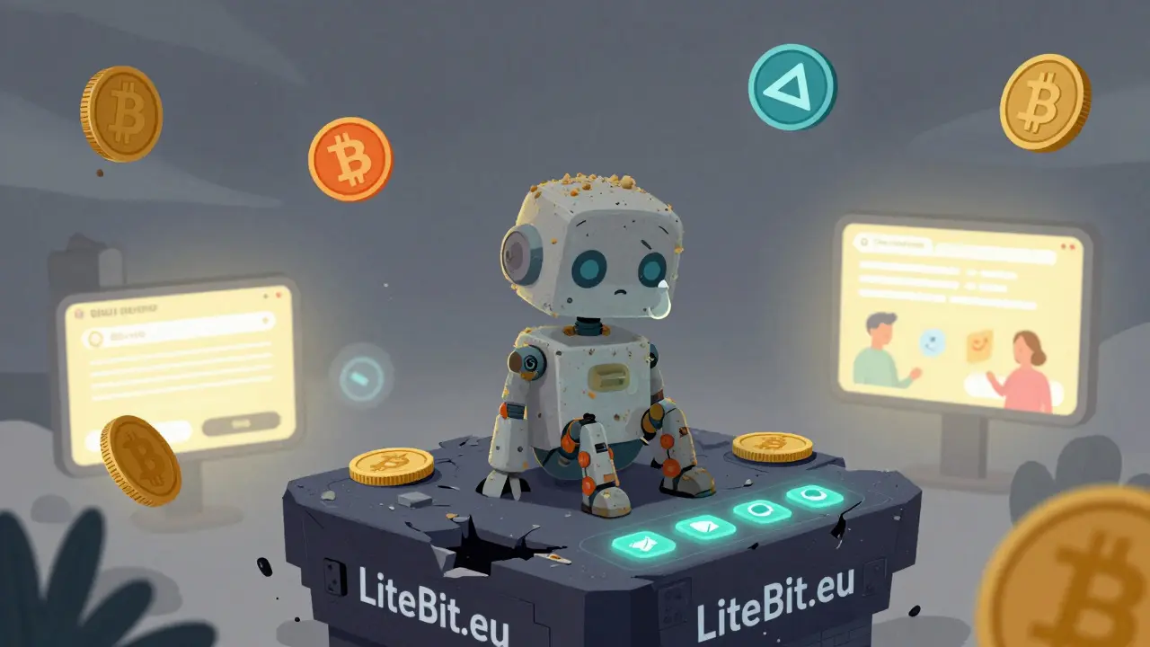 A lonely robot on a broken LiteBit platform as crypto coins float away into a stormy sky.