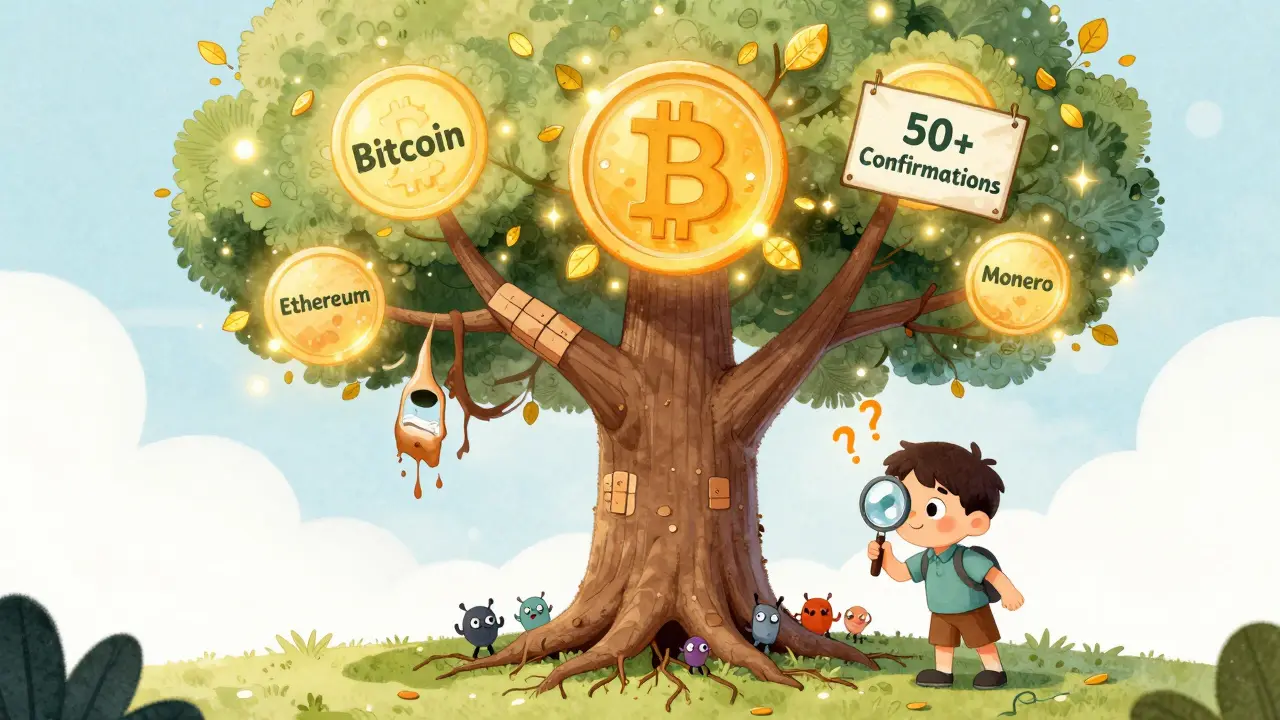A magical blockchain tree with wilting Monero branch and glowing Bitcoin branch, watched by a child with a magnifying glass.