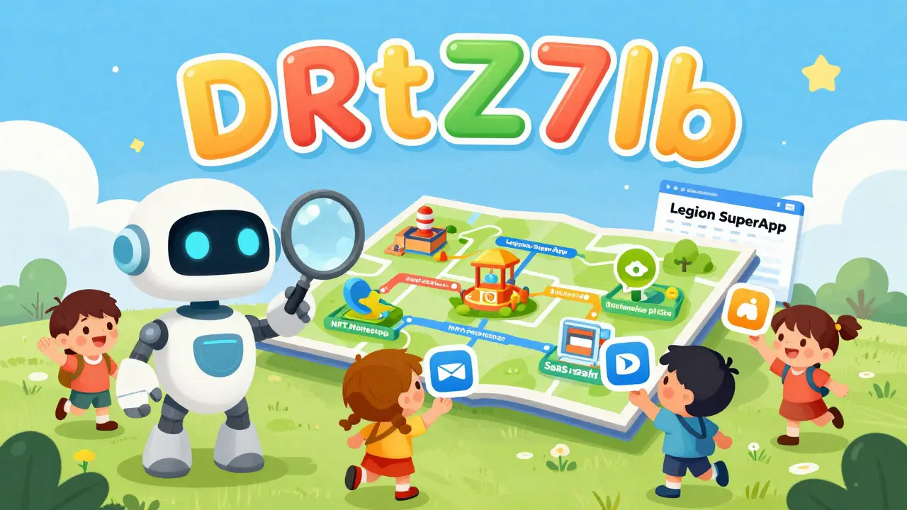 A robot shows kids a map of the Legion SuperApp with pathways to games, NFTs, and tools.