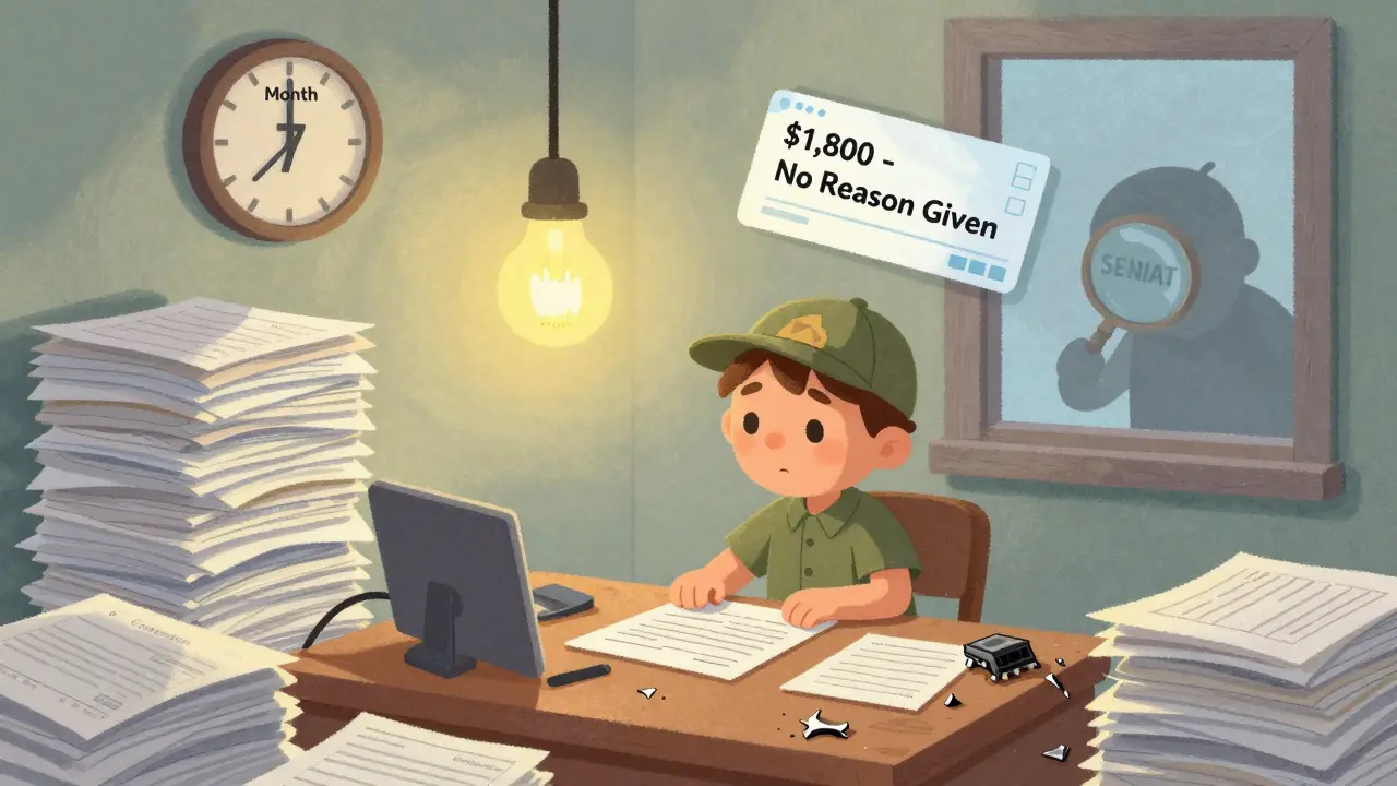 A tired miner faces endless paperwork and a frozen payment, while a shadowy tax inspector watches.