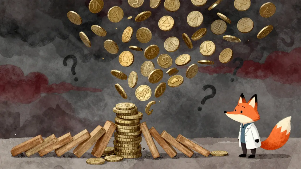 A tower of collapsing coins and multiplying LUNA tokens, with a sad fox watching under a stormy sky.