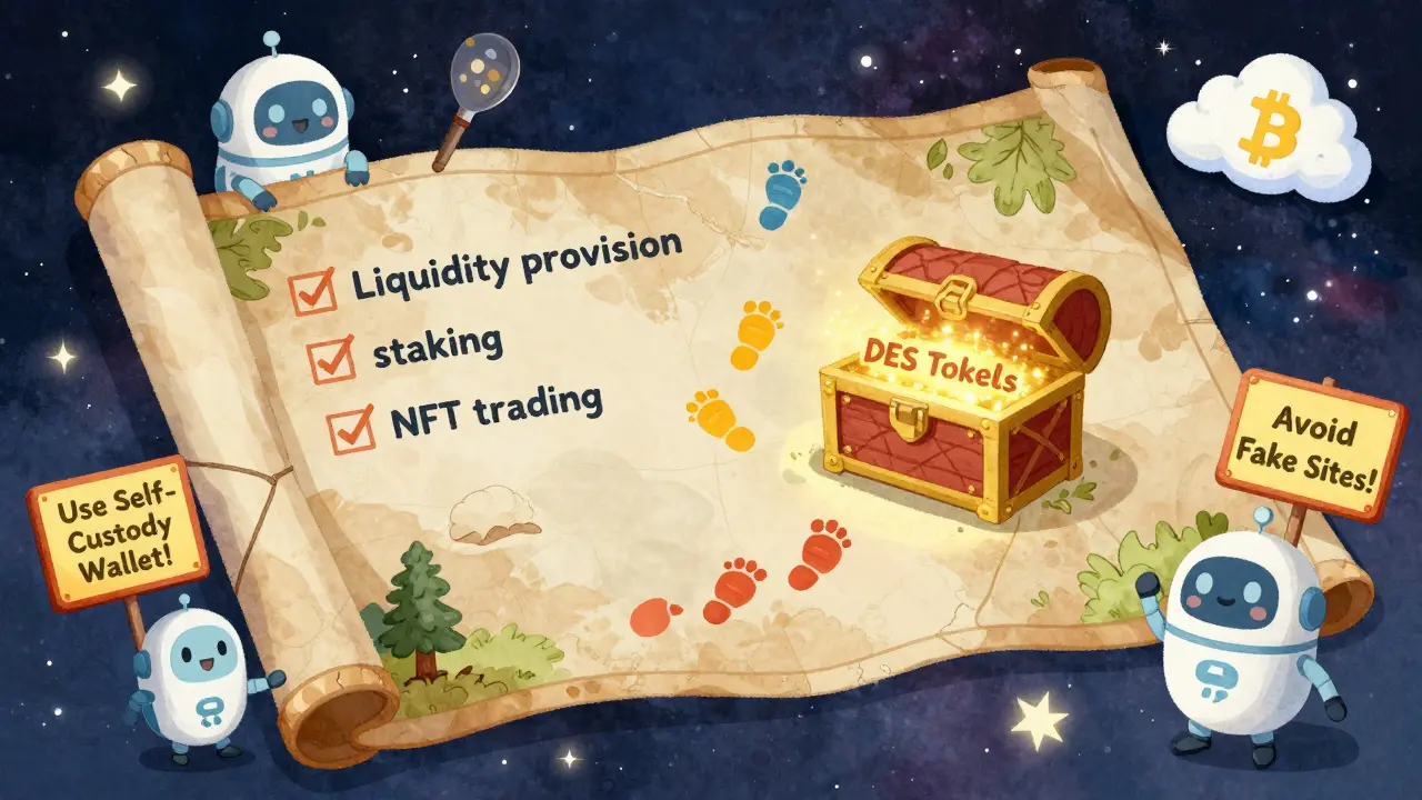 A treasure map across a galaxy leads to a chest of DES tokens with activity footprints and warning signs.