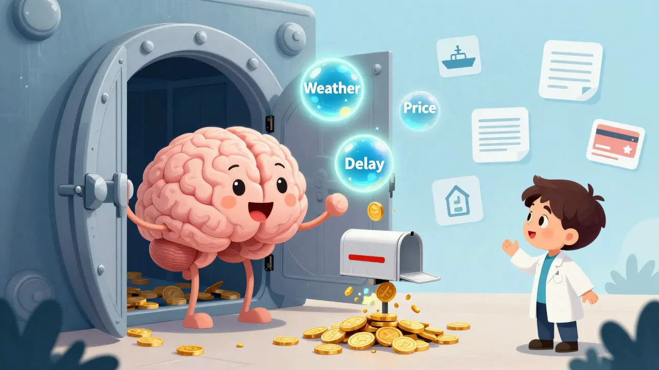 An AI brain juggles weather, price, and delay orbs as coins fall into a mailbox from a glowing blockchain vault, watched by a child in a lab coat.