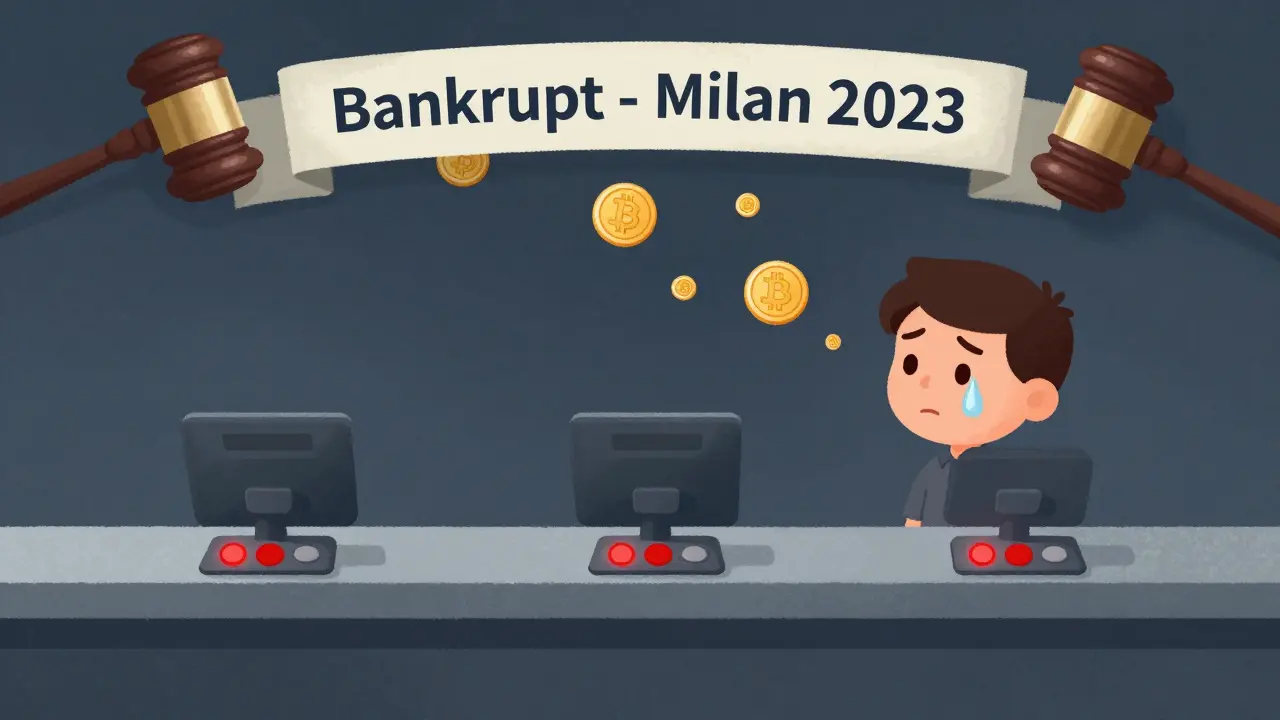 An empty exchange counter with frozen buttons as coins float away, under a 'Bankrupt' banner.