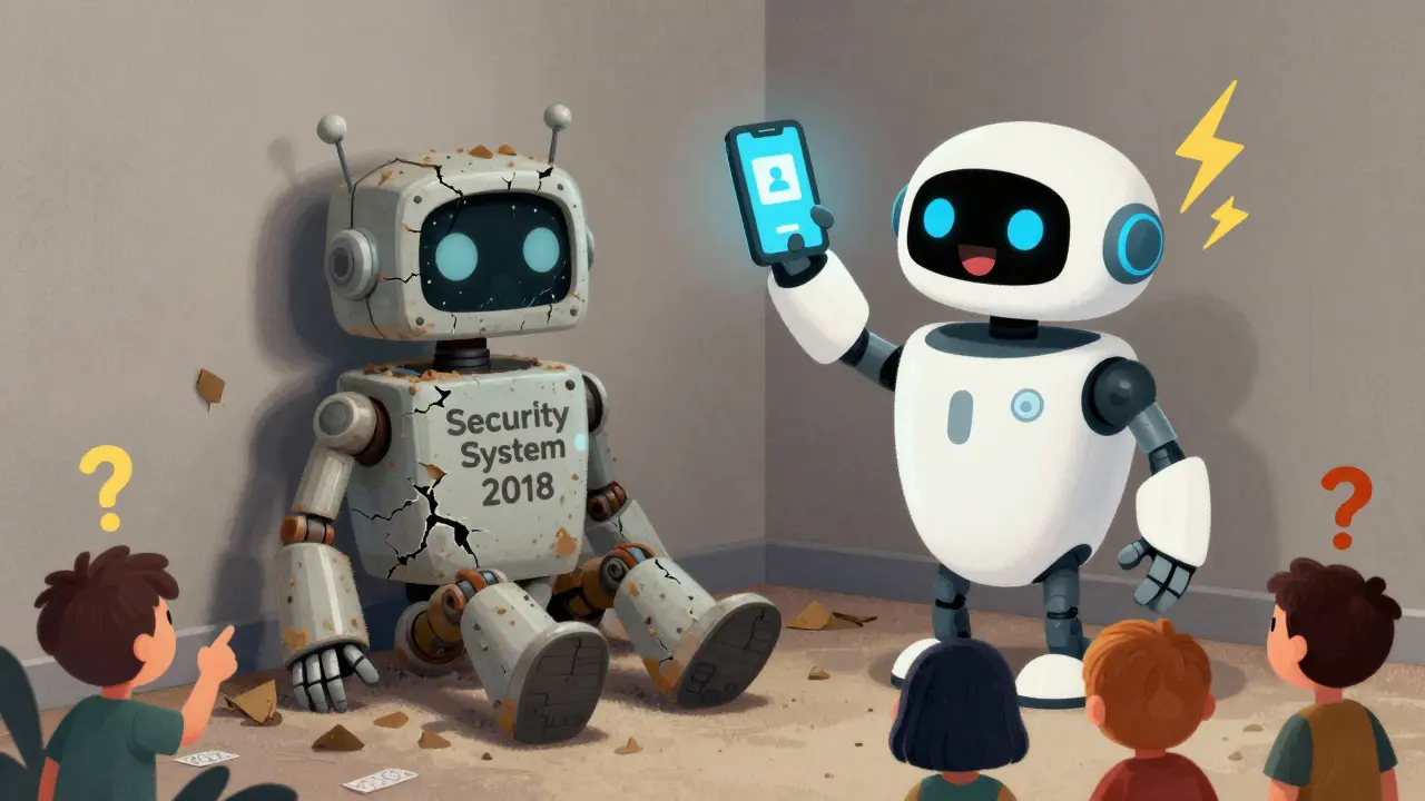 An outdated security robot ignored while a modern one with a mobile app shines brightly nearby.
