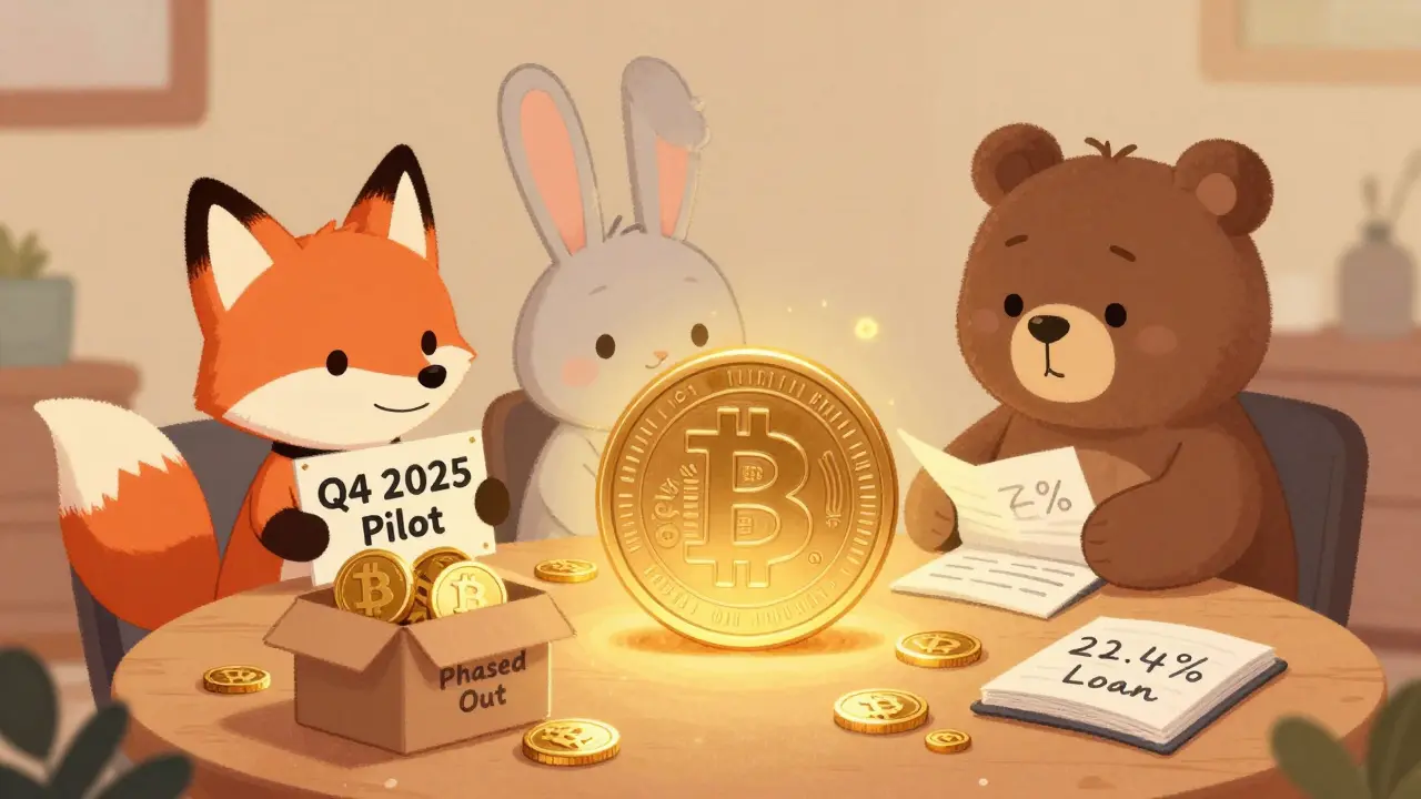 Animal friends watch a glowing digital rial coin as Bitcoin and USDT are boxed up for phase-out.