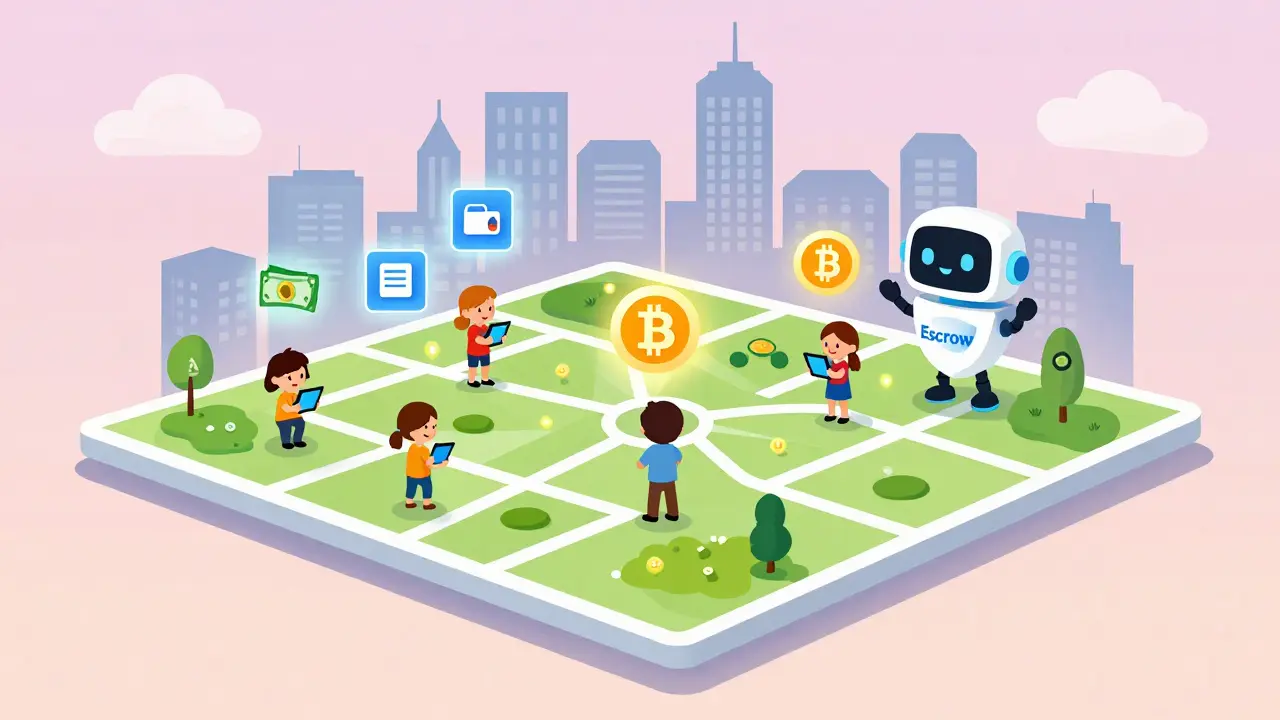 Animated figures using crypto apps with glowing payment icons connecting across a city.