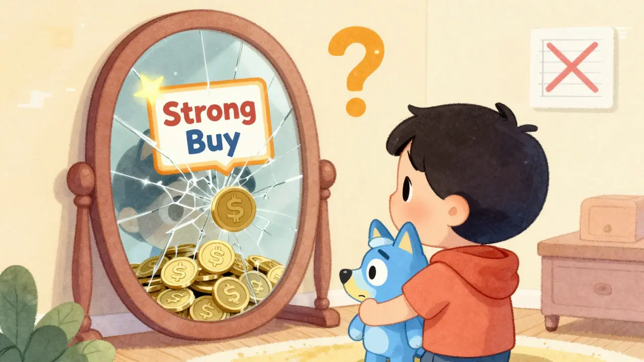 Child staring into a mirror reflecting worthless tokens and a false 'Strong Buy' alert.