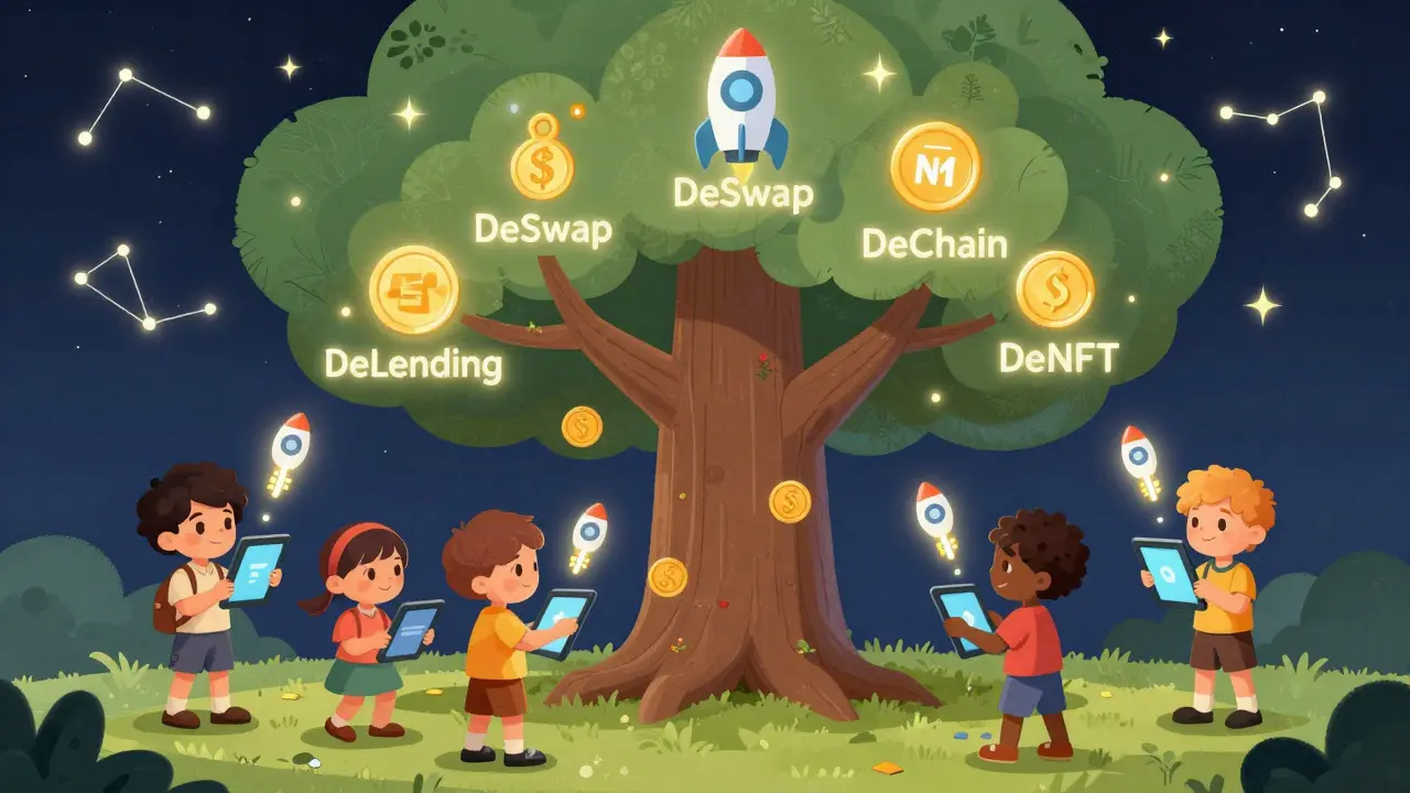 Children connect key-shaped rockets to a tree that grows tokens and NFTs in a cosmic night sky.