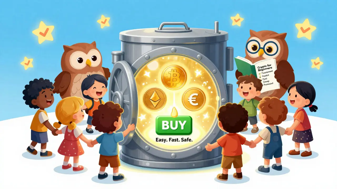 Children gathered around a safe, regulated crypto vault with a glowing 'Buy' button and a wise owl holding a guidebook.