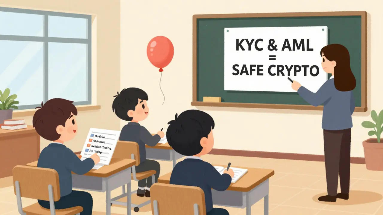 Children in a classroom learning about crypto compliance with a teacher and a fake ID balloon floating away.