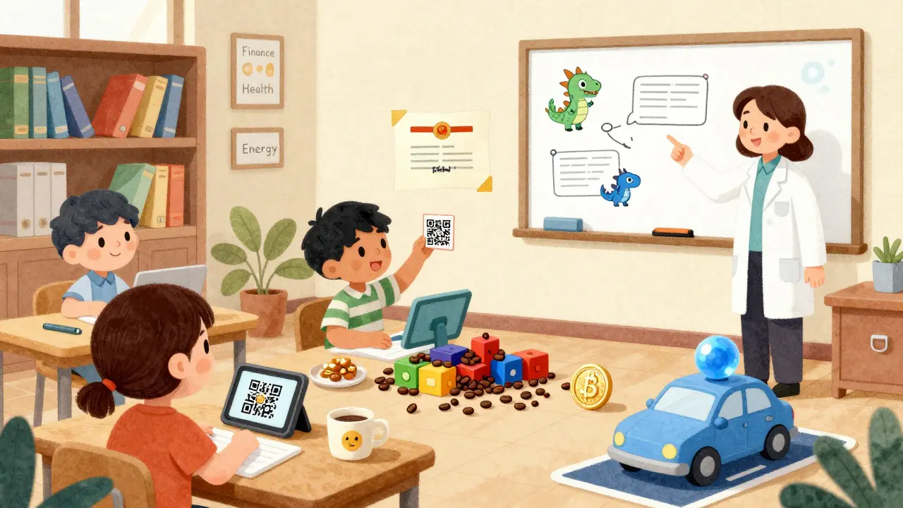 Children learning about blockchain by scanning diplomas, tracking coffee beans, and watching a solar car pay for parking.