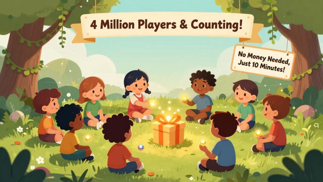 Children pass a glowing token under a tree made of blockchain nodes, turning it into gifts.