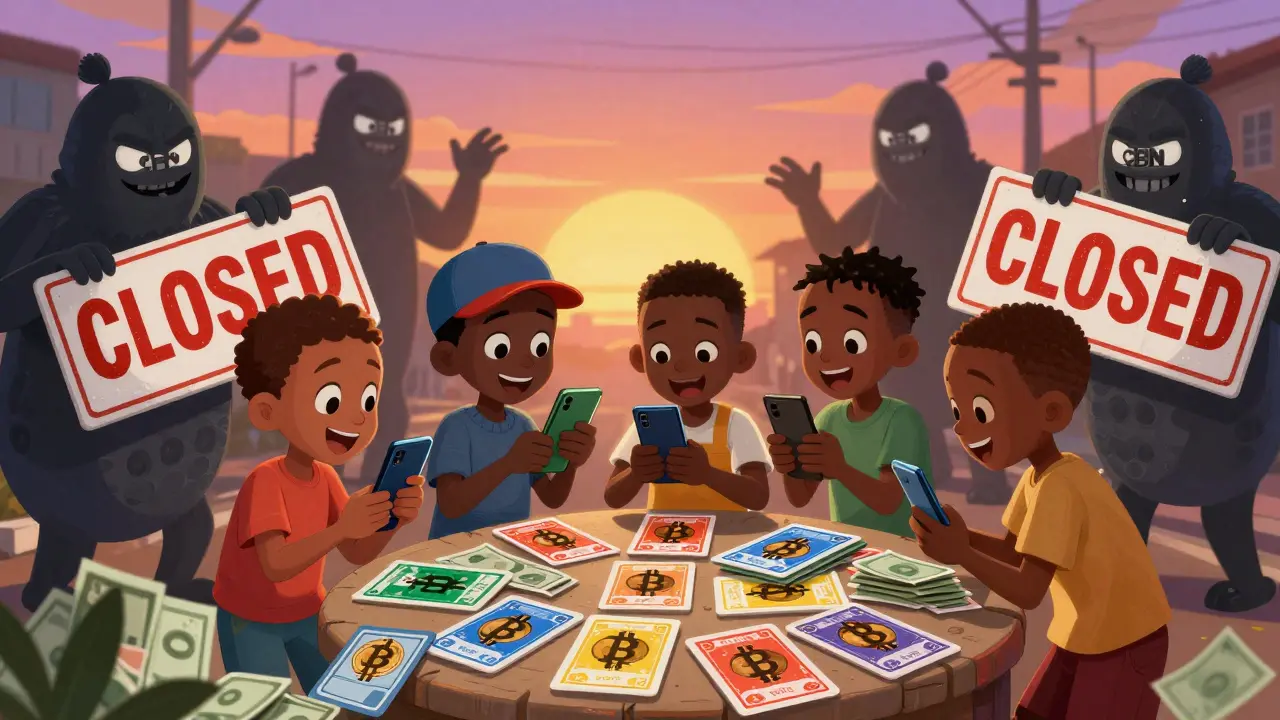 Children trade Bitcoin using cash and phones as shadowy bank monsters try to stop them on a lively street.