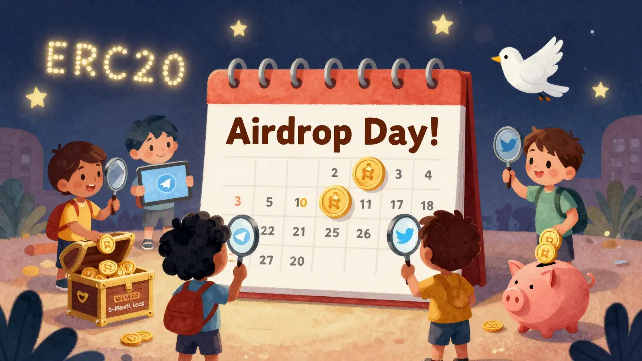 Children use magnifying glasses to prepare for an airdrop, adding tokens to a treasure chest while following crypto social channels.