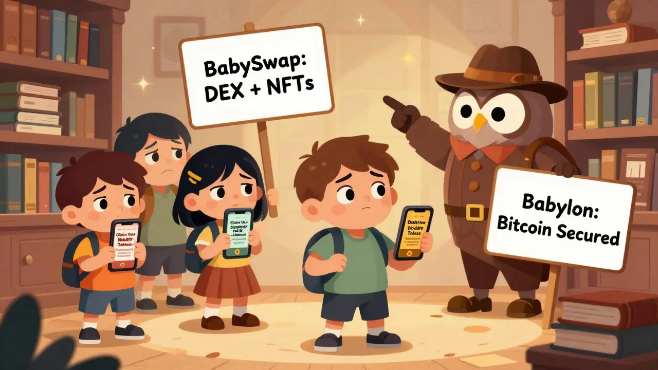 Confused users stare at fake ads while a wise owl points to clear signs distinguishing BabySwap and Babylon.