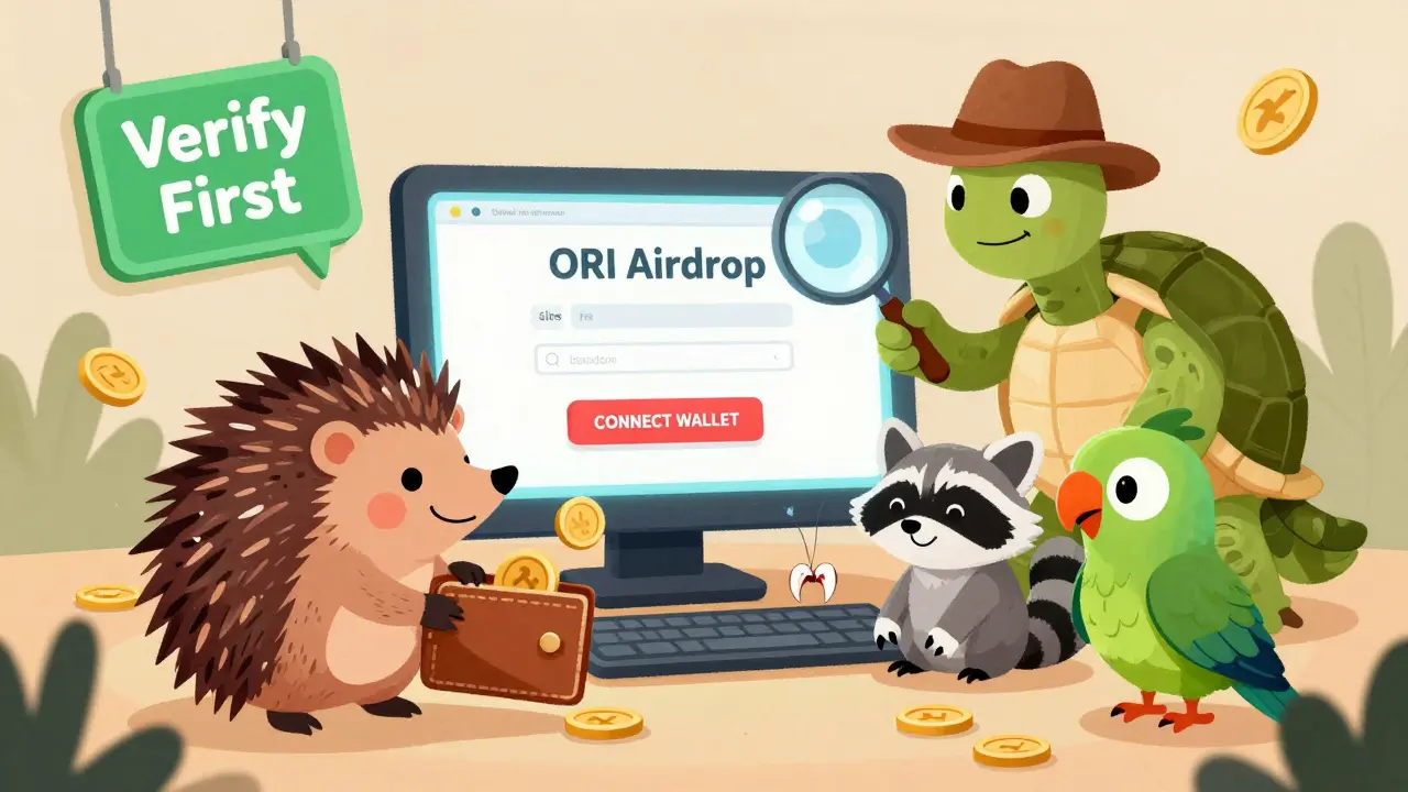 Crypto animals gather around a fake airdrop website as a turtle detective reveals a wallet being drained.
