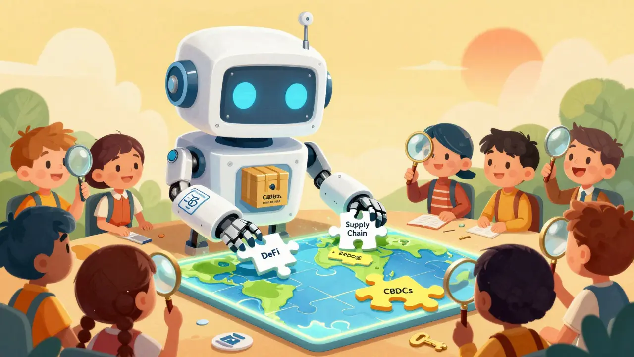 Friendly blockchain robot placing sector puzzle pieces into a globe-shaped board while children watch in wonder.