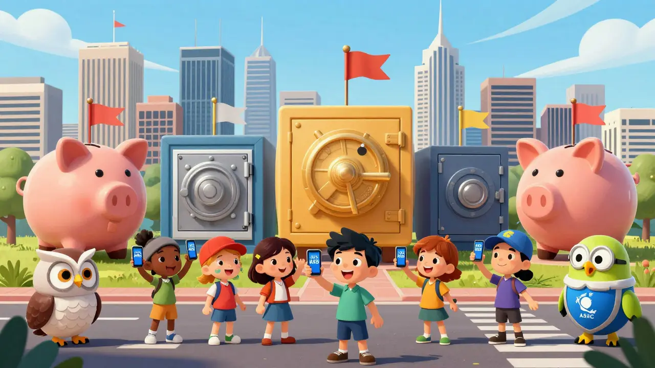 Friendly crypto platform buildings with license flags in a bright Australian city, kids checking AFSL numbers.