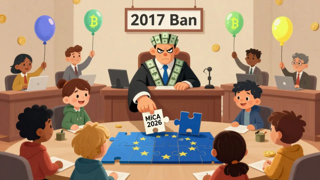 Kids giving a puzzle piece labeled 'MiCA 2026' to a judge under a faded ban sign.