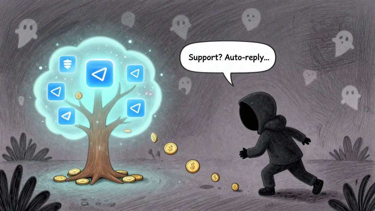 Shadowy figure fleeing from a dying blockchain, leaving behind abandoned chat bubbles.