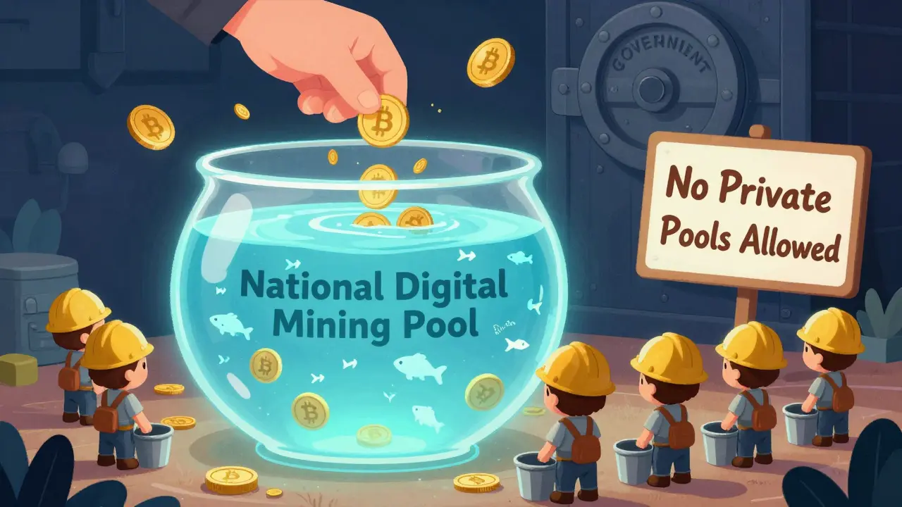 Tiny miners watch coins flow into a government-controlled digital pool while they hold empty buckets.