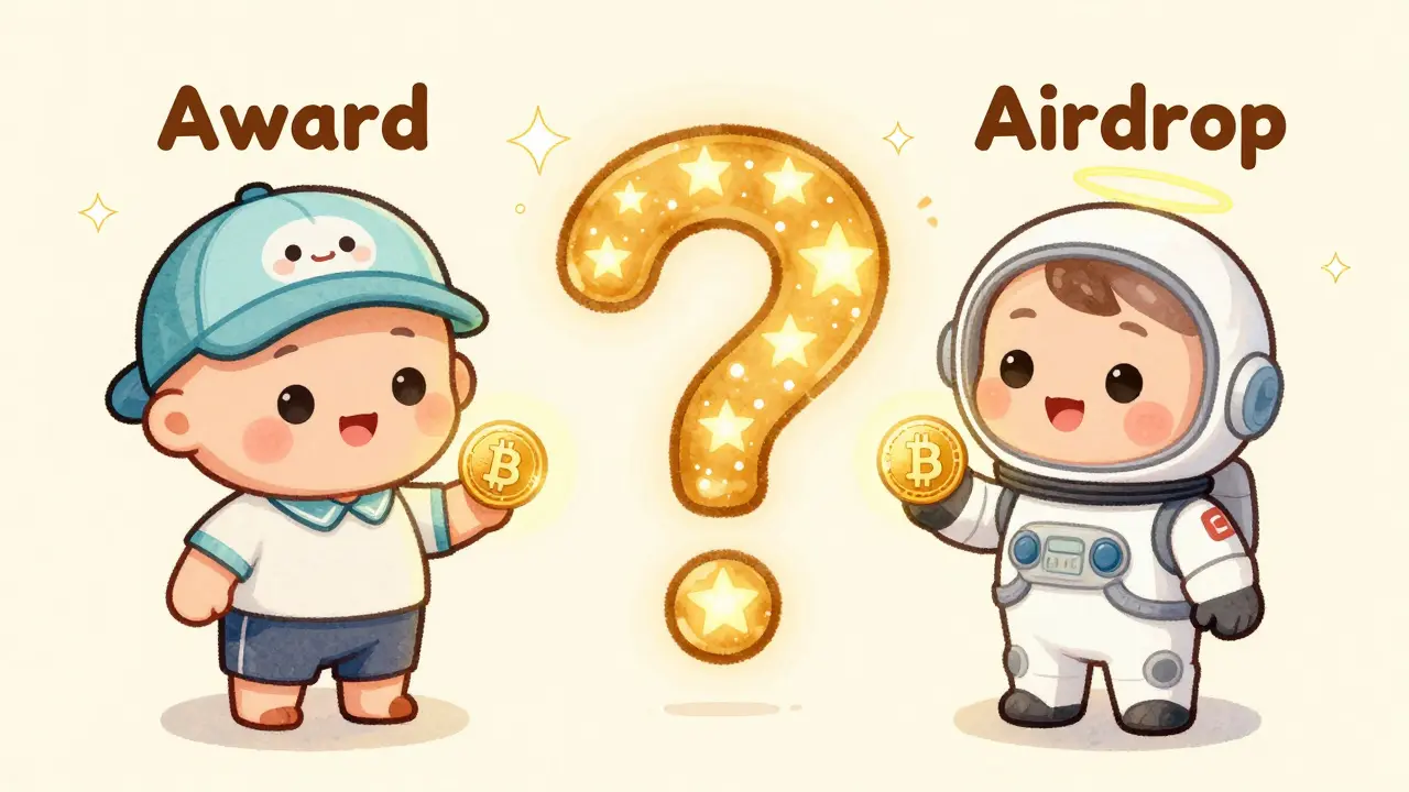 Two cartoon characters hold BABY tokens on opposite sides of a star-shaped question mark labeled 'Award' and 'Airdrop'.