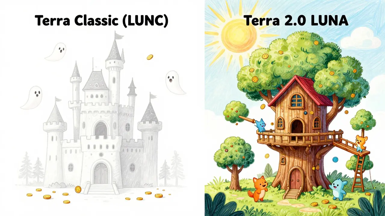 Two worlds: a faded ghost castle of LUNC and a bright new treehouse-lab of LUNA, under a sunrise.