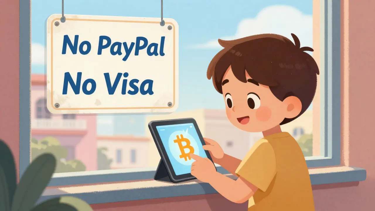 A boy in Havana buys car parts online using Bitcoin, while blocked payment services are shown as faded signs.