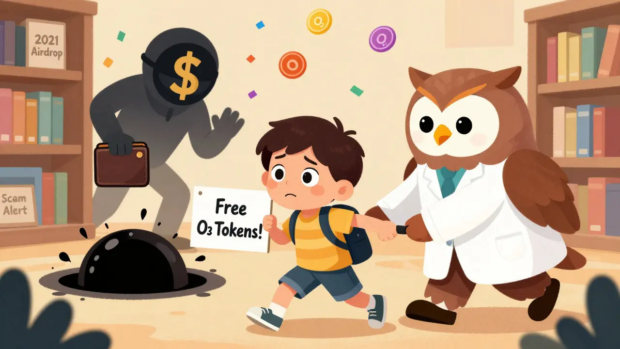 A boy is pulled away by an owl from a scammer trying to steal a wallet, with floating O3 tokens and bookshelves in the background.