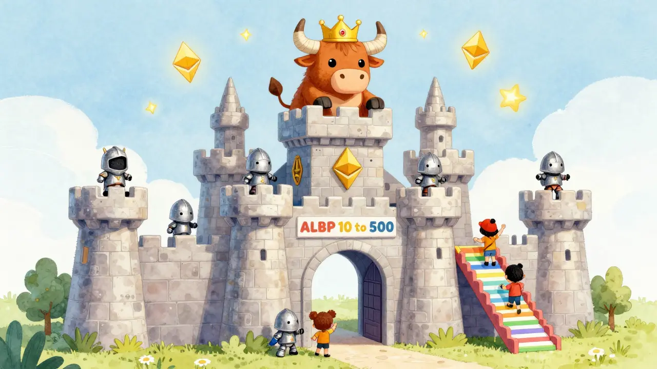 A castle made of blockchain blocks guarded by Polqueen NFT knights, with a crowned Bull NFT on top.