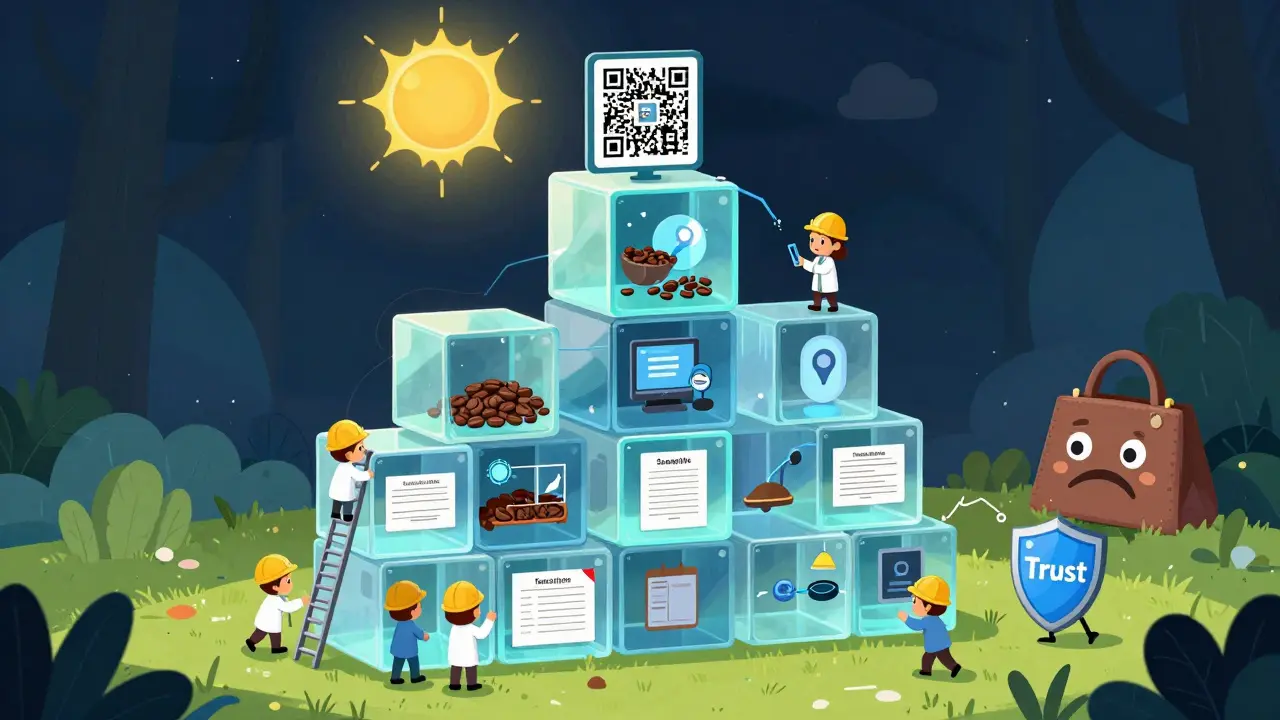 A castle made of transparent blocks shows supply chain events, with a QR code sun shining down as a fake product is rejected.