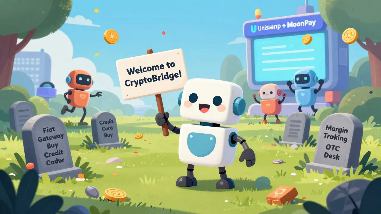 A cheerful robot beside a graveyard of failed crypto features, while active robots celebrate at a modern exchange in the distance.