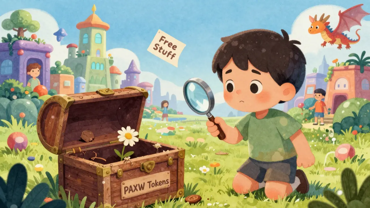 A child examines an empty treasure chest labeled PAXW, while a vibrant metaverse glows in the distance.