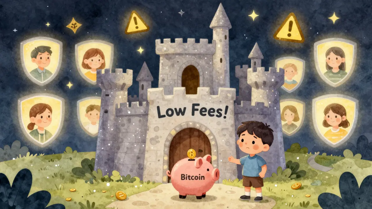 A child facing a glittery castle with no doors, while safer exchanges glow warmly in the background.