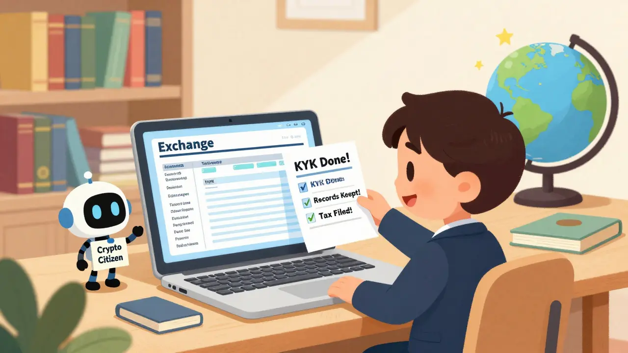 A child files crypto taxes with a smiling SEC mascot and robot helper.