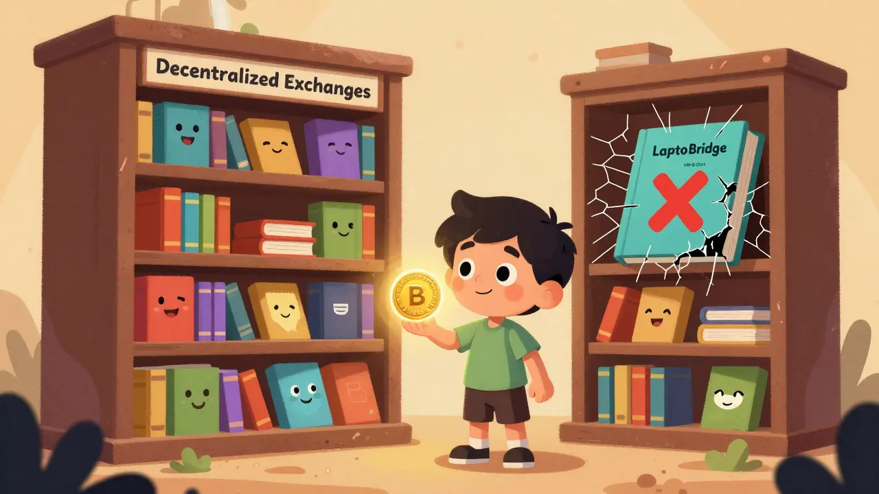 A child holding a BridgeCoin token in front of a dusty library shelf where the CryptoBridge book is cracked and covered in cobwebs.