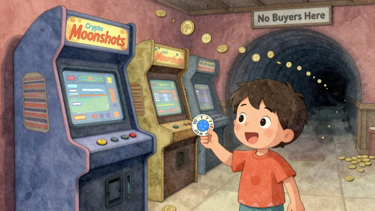 A child holds a crumpled FIONA token in front of an abandoned crypto arcade machine.