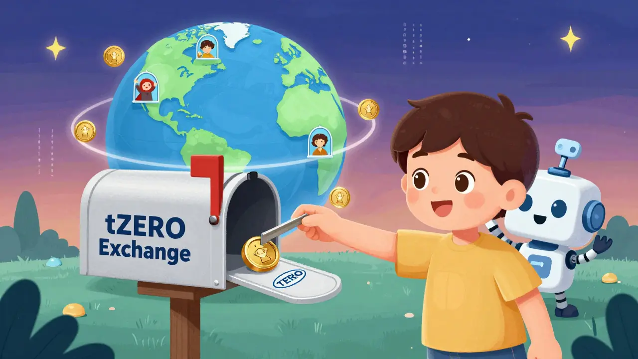 A child mails a security token to a regulated exchange mailbox, while a robot stamps it with a compliance seal under a globe of connecting tokens.