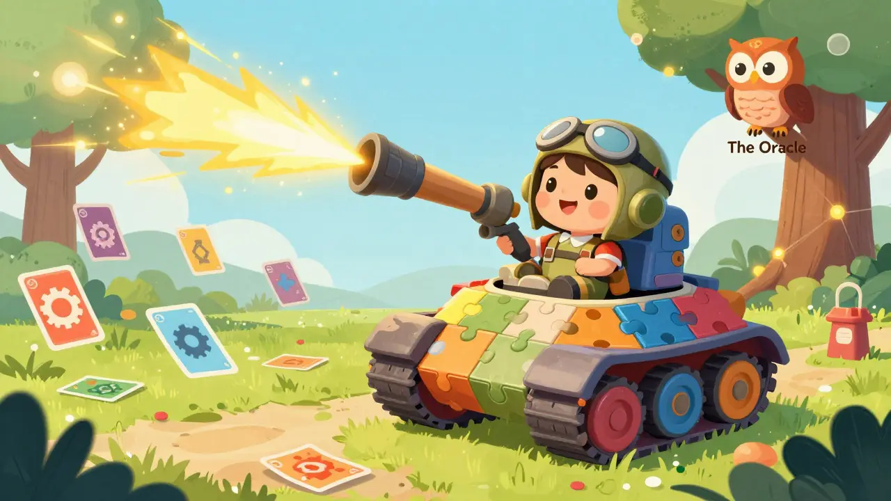 A child pilot fires a candy cannon from a customizable tank in a magical arena.