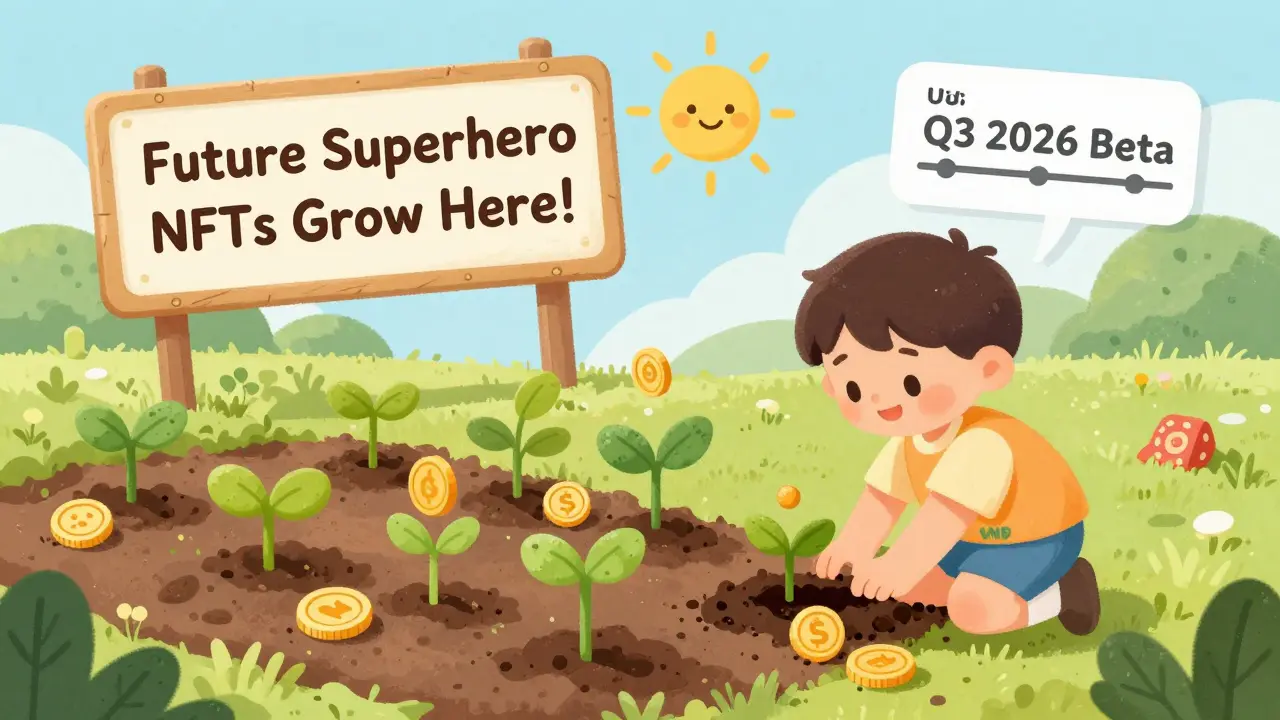 A child planting a seed labeled 'Stake UNB' in a garden growing future NFT tokens.