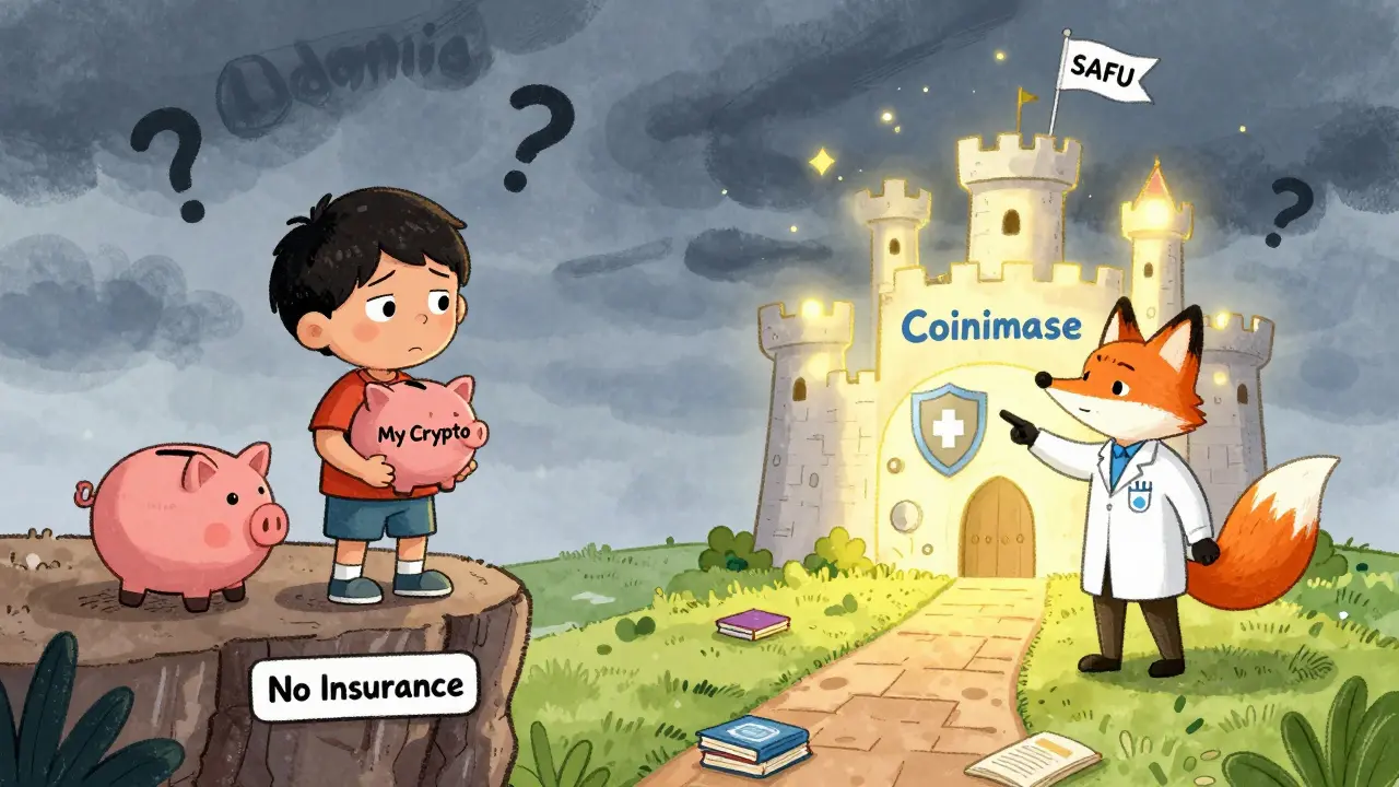 A child stands at a cliff labeled 'No Insurance' as a fox points to a safe castle labeled 'Coinbase' in the distance.