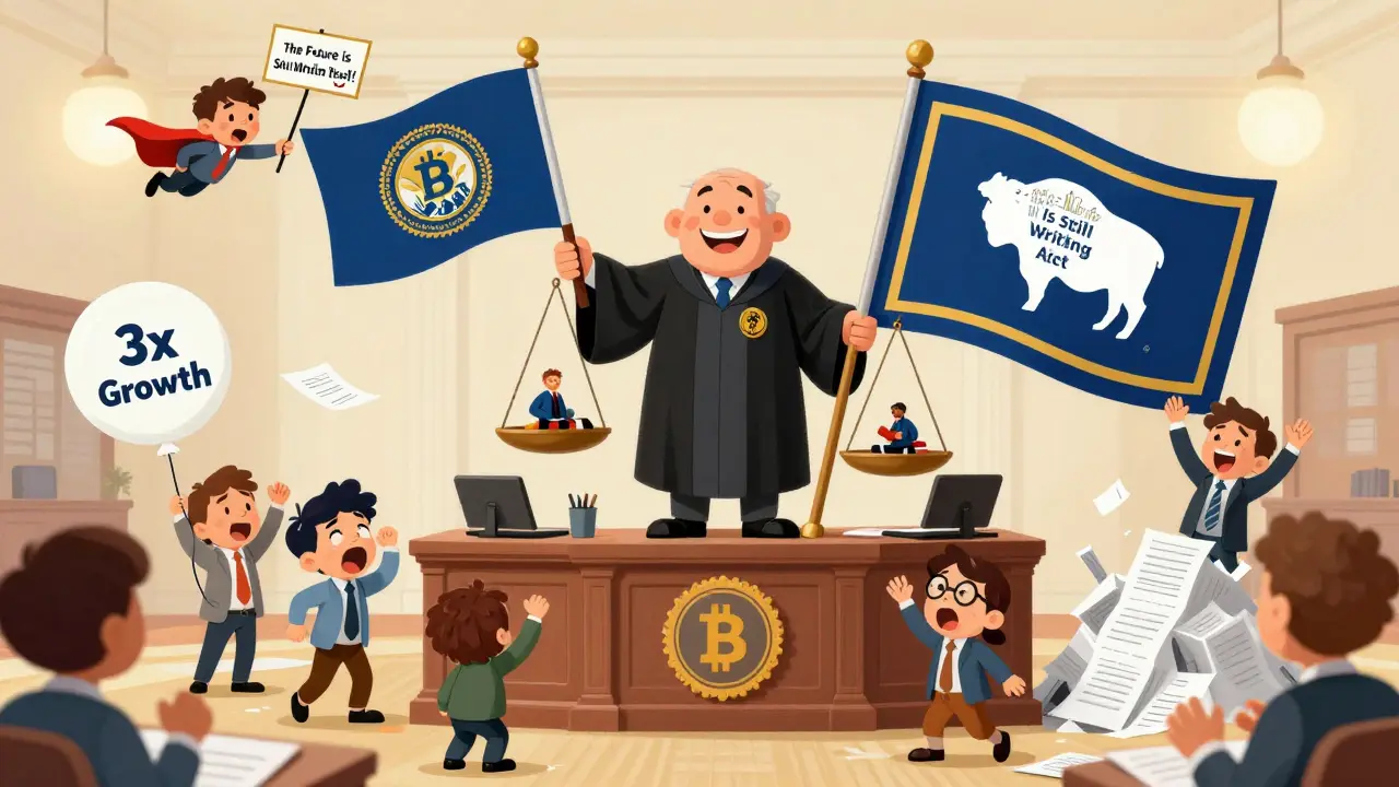 A courtroom scale balancing New York and Wyoming flags, with businesses cheering or crying as a superhero Bitcoin flies above.