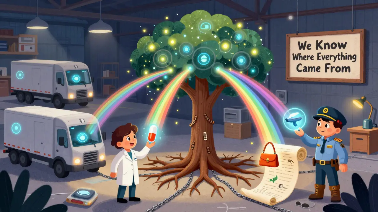 A cozy warehouse with data streams flowing into a digital tree, where professionals watch product journeys unfold like stories.