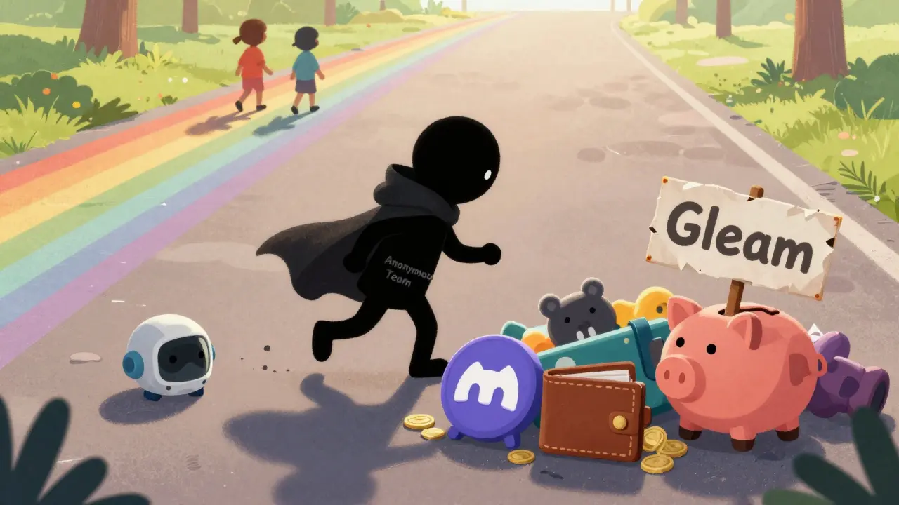 A faceless figure slips away from abandoned crypto toys as children walk off a fading rainbow road.