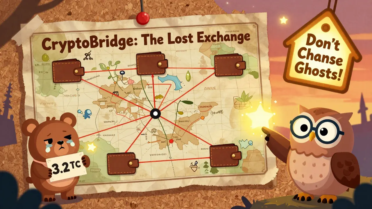 A faded treasure map of a dead exchange with a crying bear and a warning sign, illustrated in children's book style.