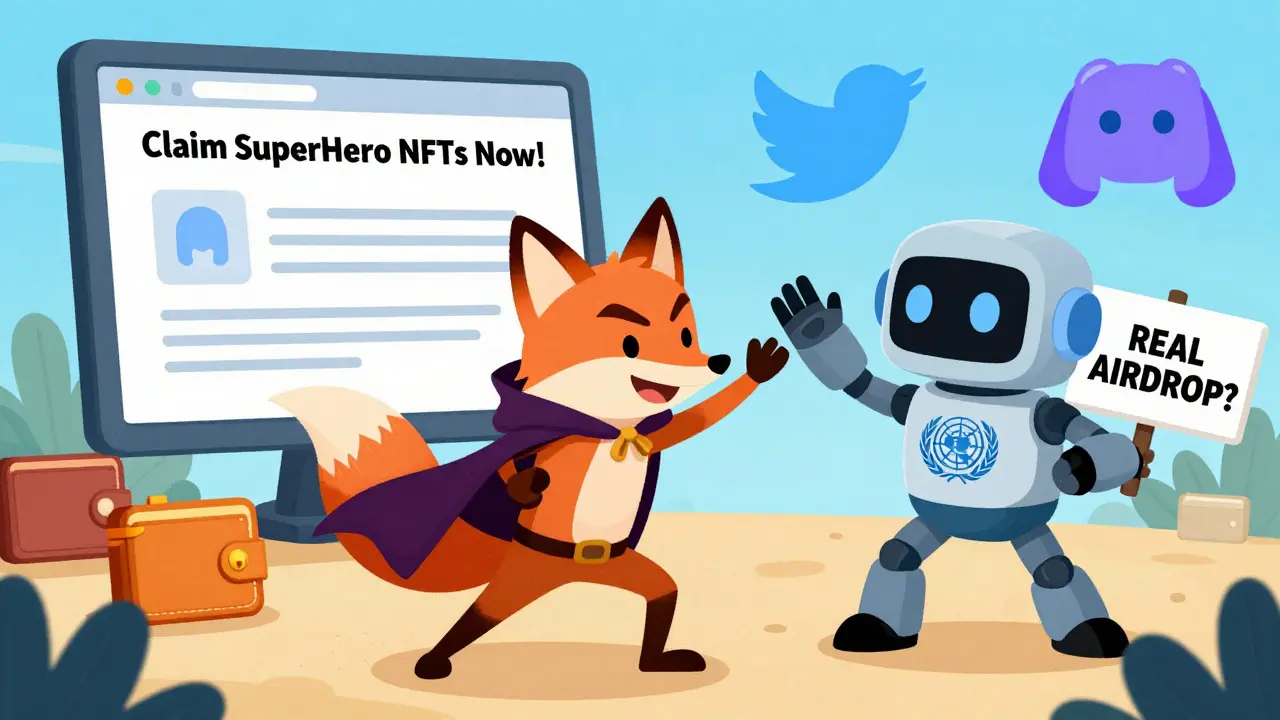 A fox trying to trick crypto wallets into a fake airdrop, blocked by a hero robot.