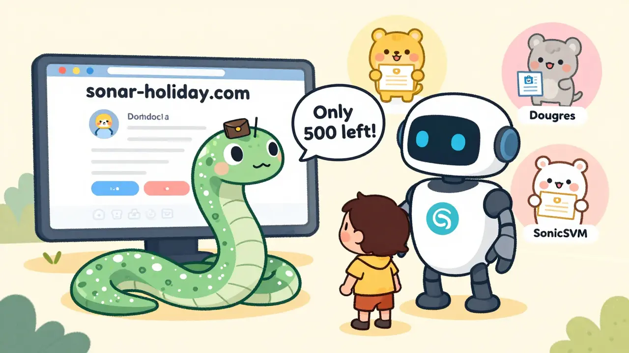 A friendly robot helps a child avoid a snake-shaped scam website while real airdrops appear as friendly animals.