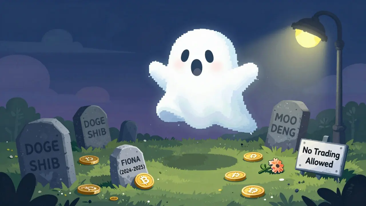 A ghostly pixel cloud drifts over a graveyard of crypto coins with one small tombstone for FIONA.