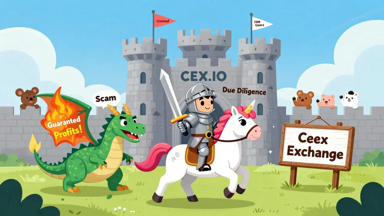 A knight on a unicorn charging past a dragon of fake crypto promises toward a secure castle labeled CEX.IO.